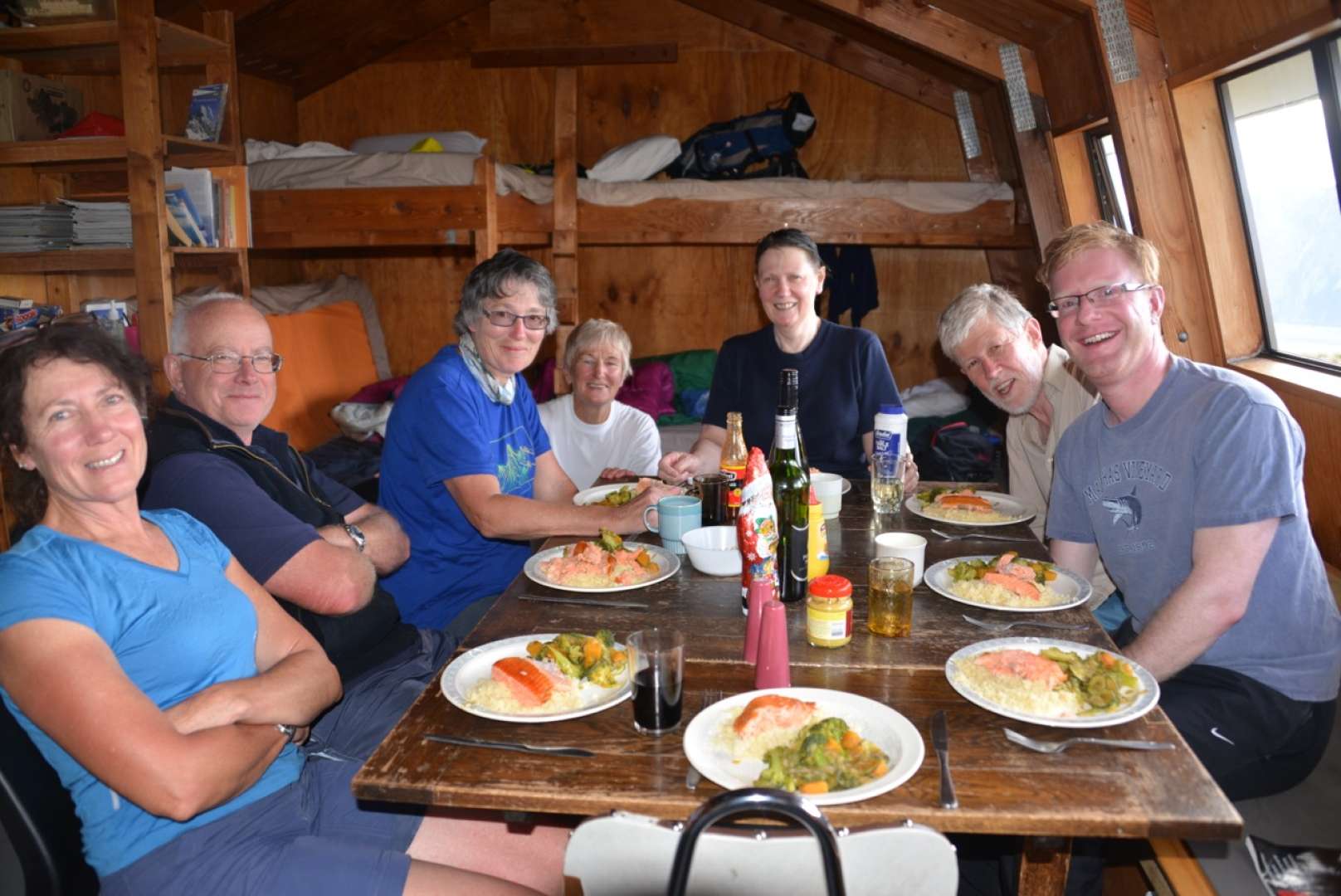 a hearty salmon dinner at Rex Simpson Hut